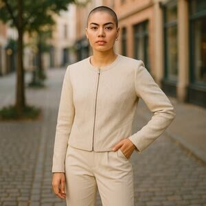 Lafayette 148 New York Women's Zip Blazer Cream Tweed Jacket Leather Trim Size 8